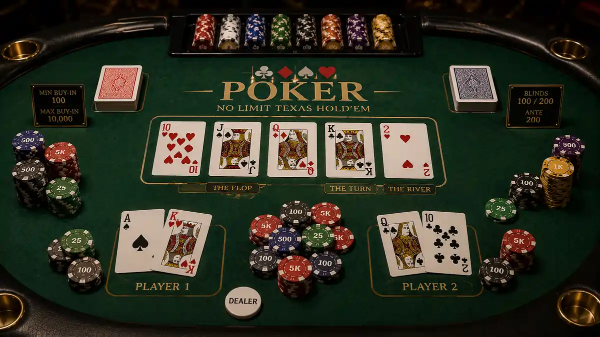 Poker table showing community cards, player cards, and poker chips.