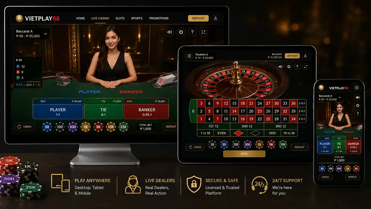 Responsive casino table game displayed on desktop, tablet, and smartphone.