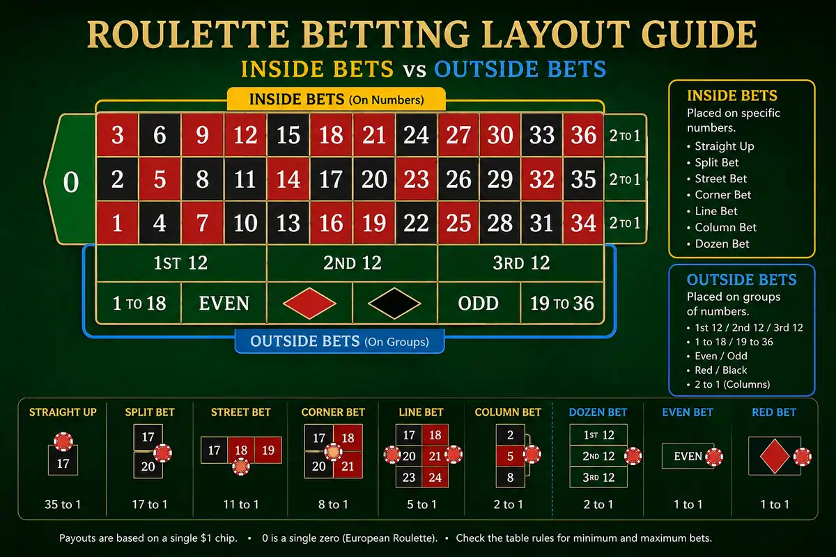 Roulette betting layout highlighting inside and outside betting areas.