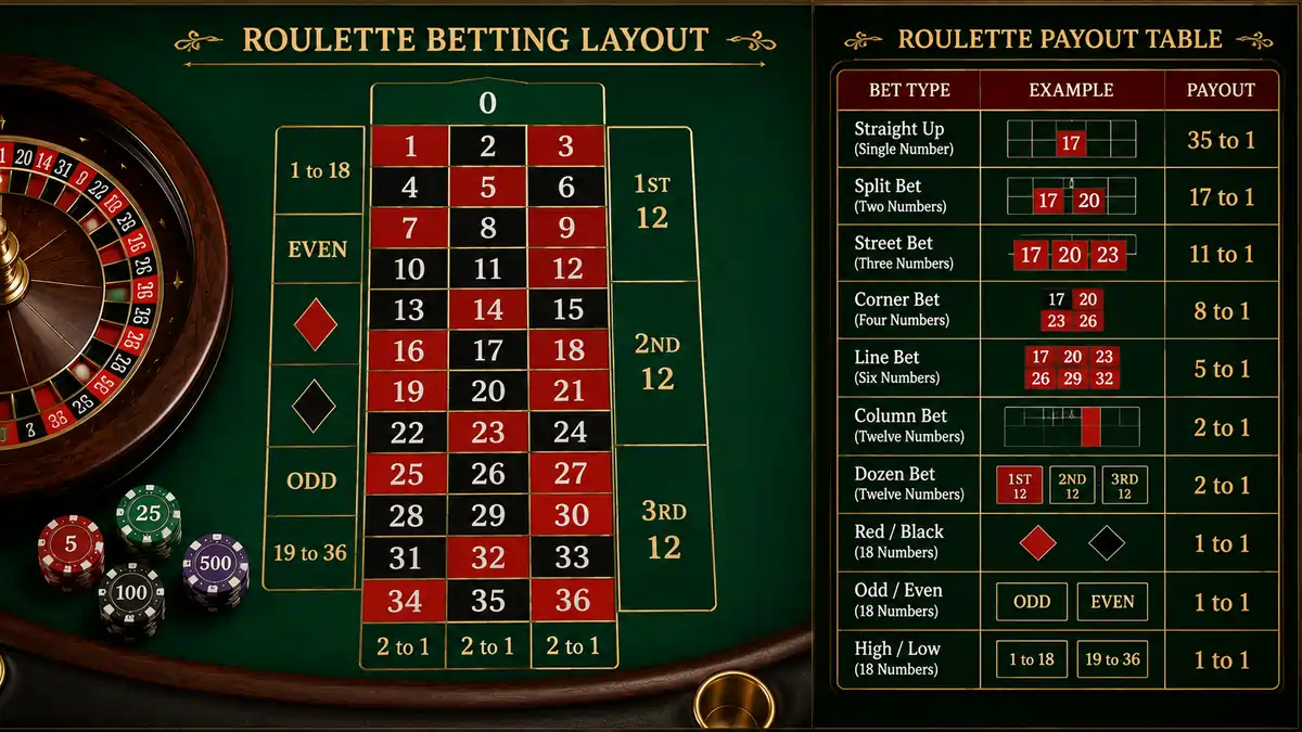 Roulette payout table displayed beside betting layout.