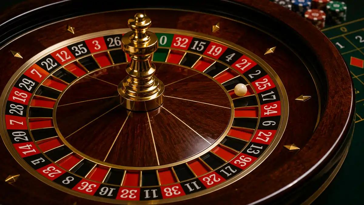 European Roulette wheel showing numbered pockets and spinning ball.