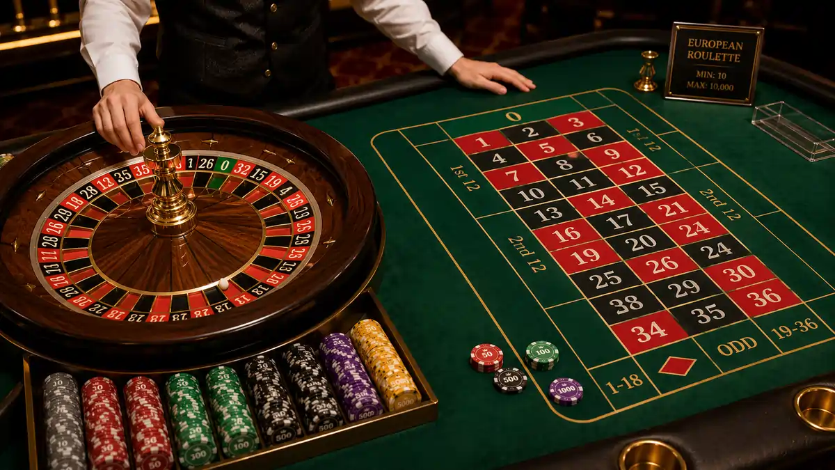 European Roulette wheel with betting table layout and dealer.