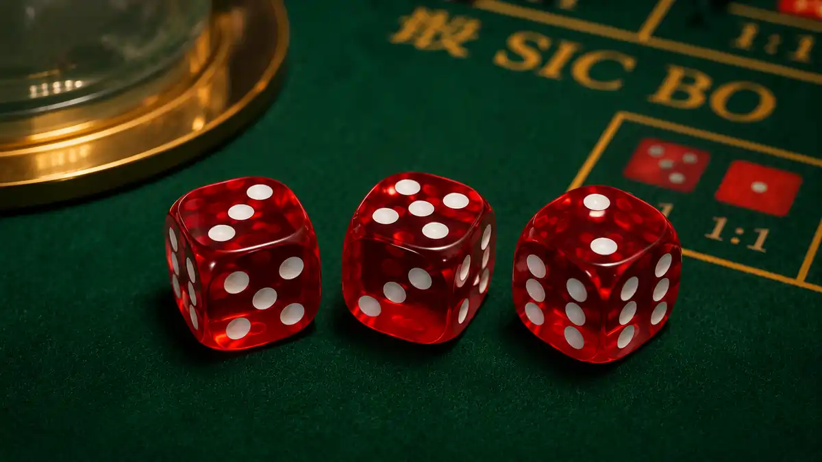 Three dice used during a Sic Bo game.