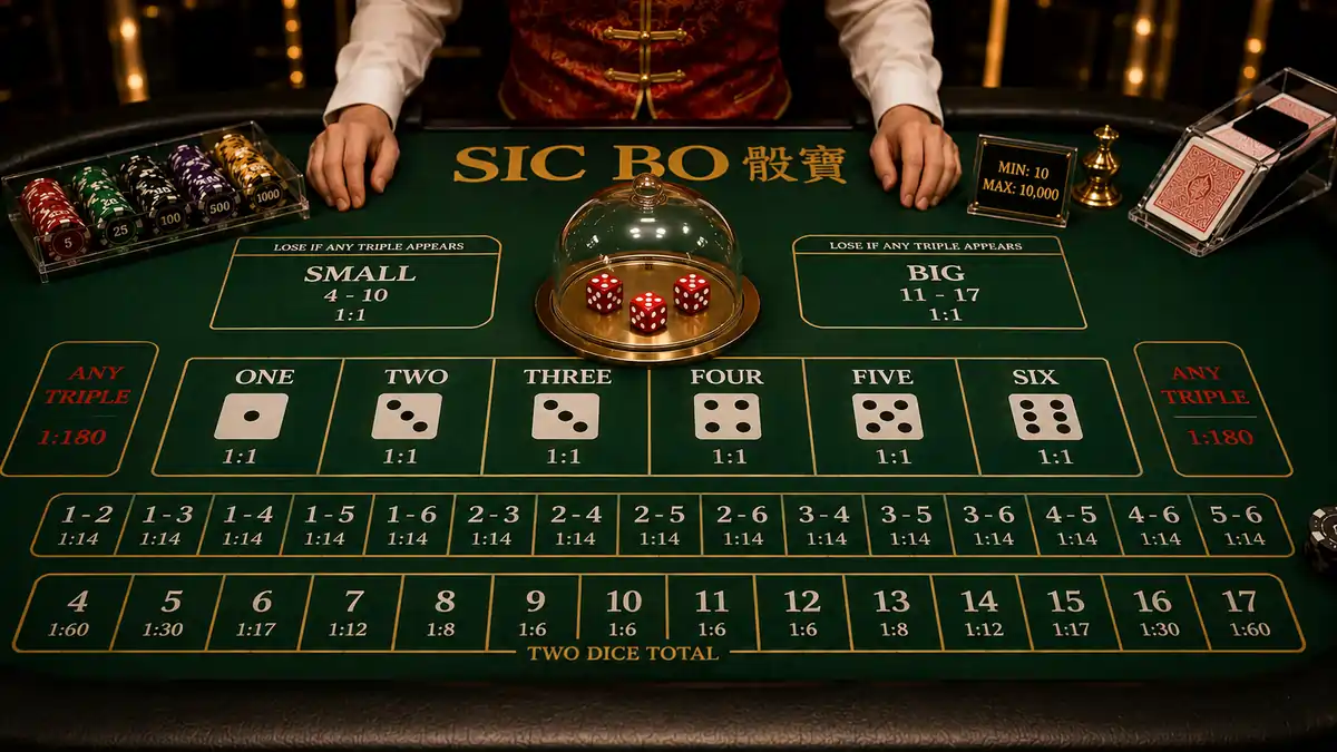 Sic Bo table showing three dice, betting layout, and dealer.