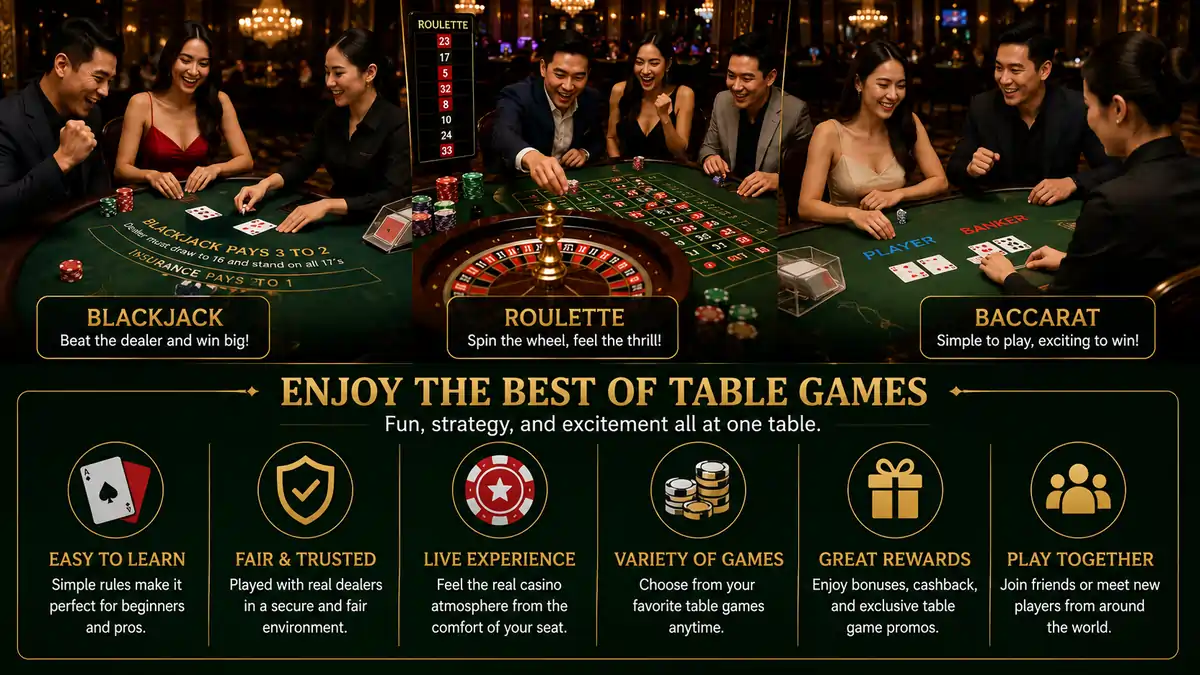 Players enjoying various casino table games including Blackjack, Roulette, and Baccarat.