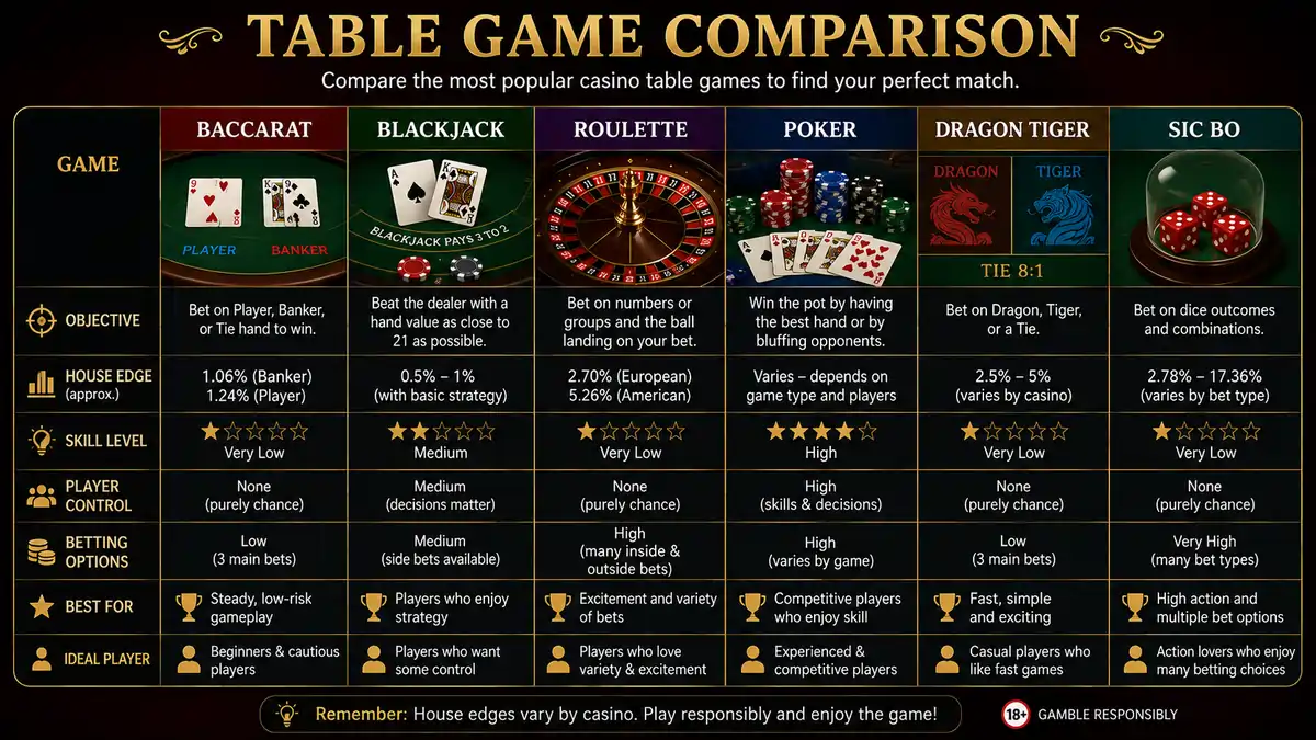 Comparison infographic of Baccarat, Blackjack, Roulette, Poker, Dragon Tiger, and Sic Bo.