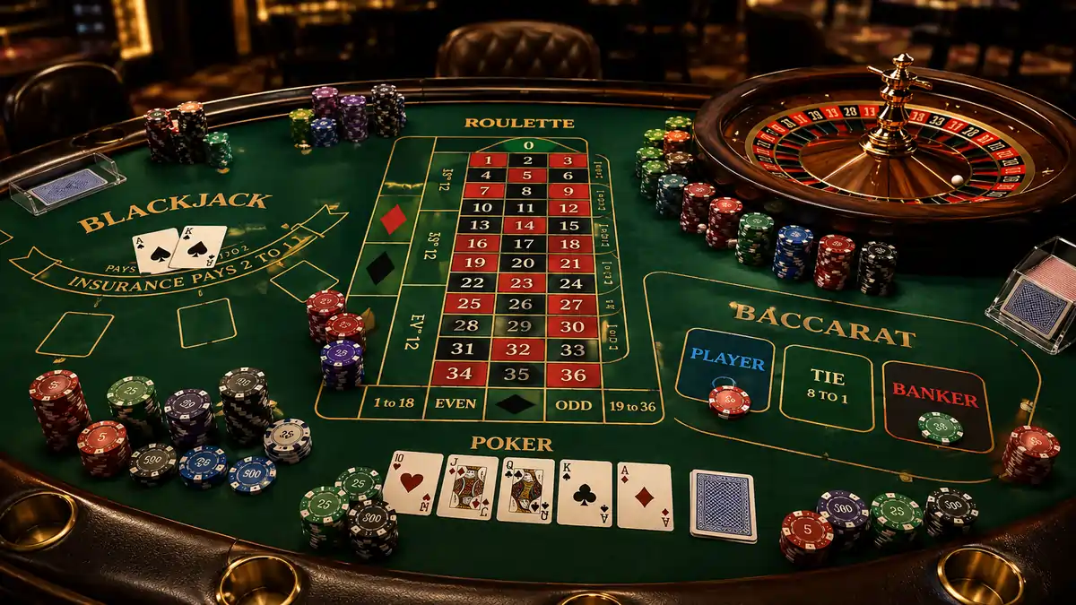 Professional casino table featuring Blackjack, Roulette, Baccarat, Poker chips, and playing cards