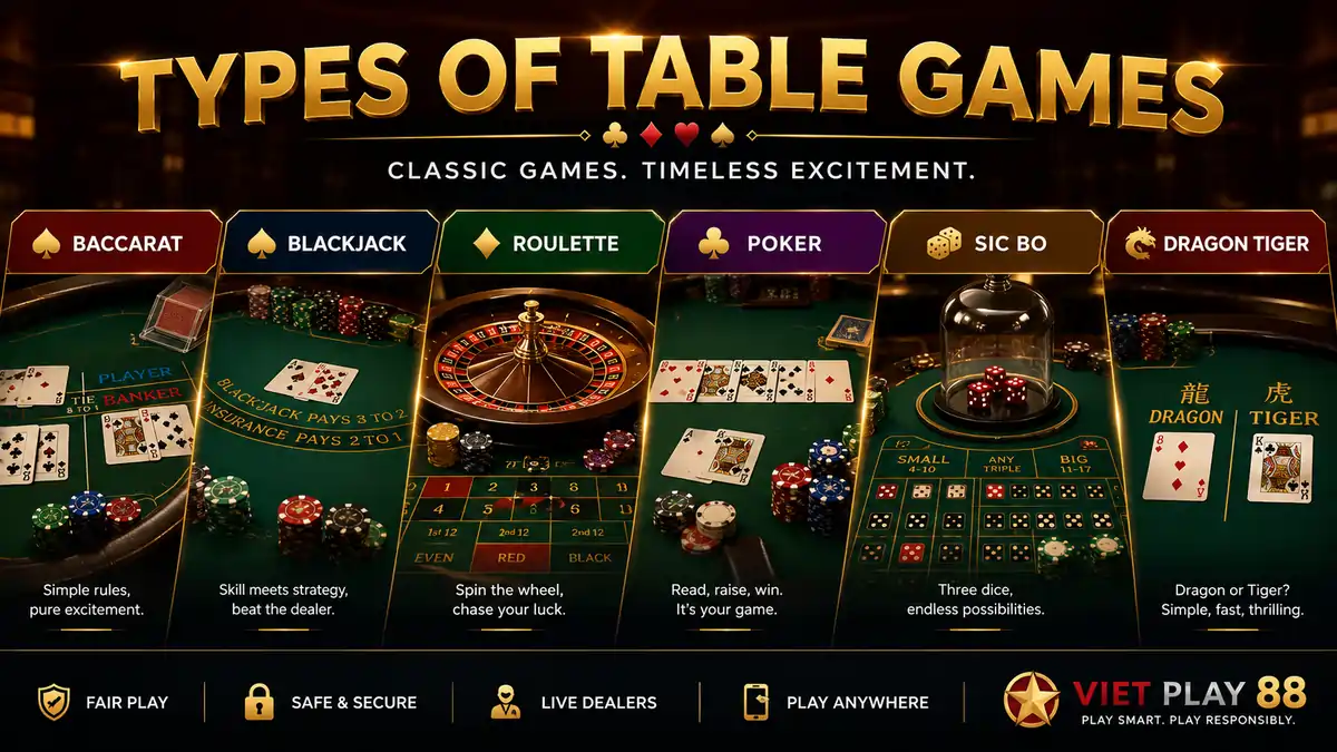 Different casino table games displayed side by side including Baccarat, Blackjack, Roulette, Poker, Sic Bo, and Dragon Tiger.