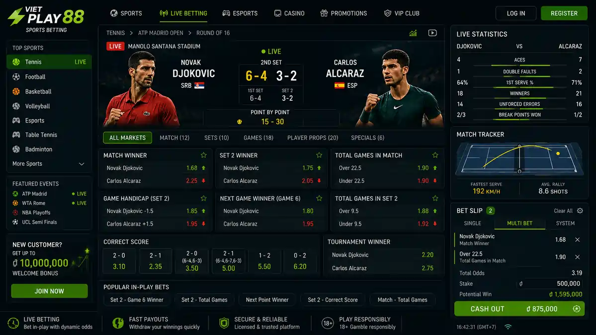 Live tennis betting interface displaying an ongoing tennis match, changing odds, live match statistics, Cash Out option, and in-play betting markets.