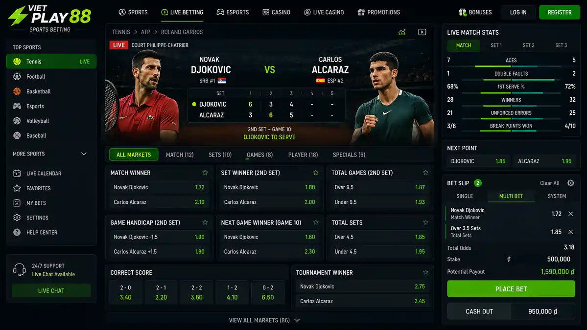 Modern tennis betting interface displaying a live tennis match, sportsbook odds, betting markets, live match statistics, and match scoreboard.